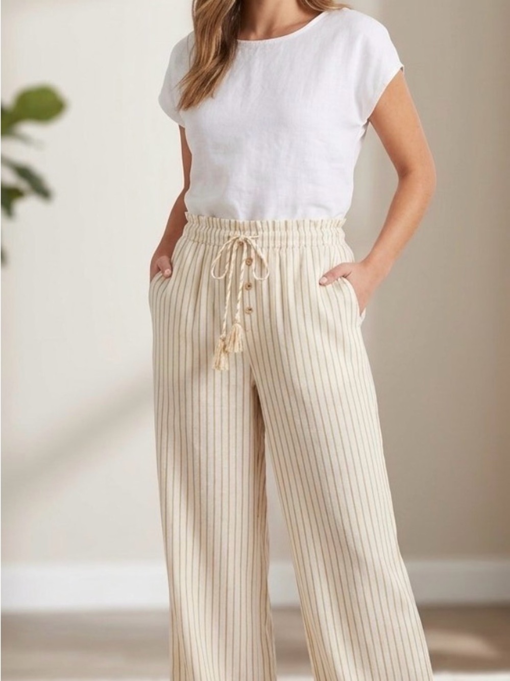 No Boundaries Cream Wide-Leg Pants with Tan Stripe